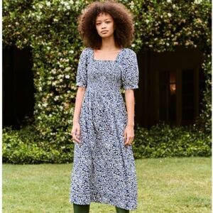 The Great. Savanna Dress Blue Floral Smocked Midi Puff Sleeve Cottagecore 1 (S)